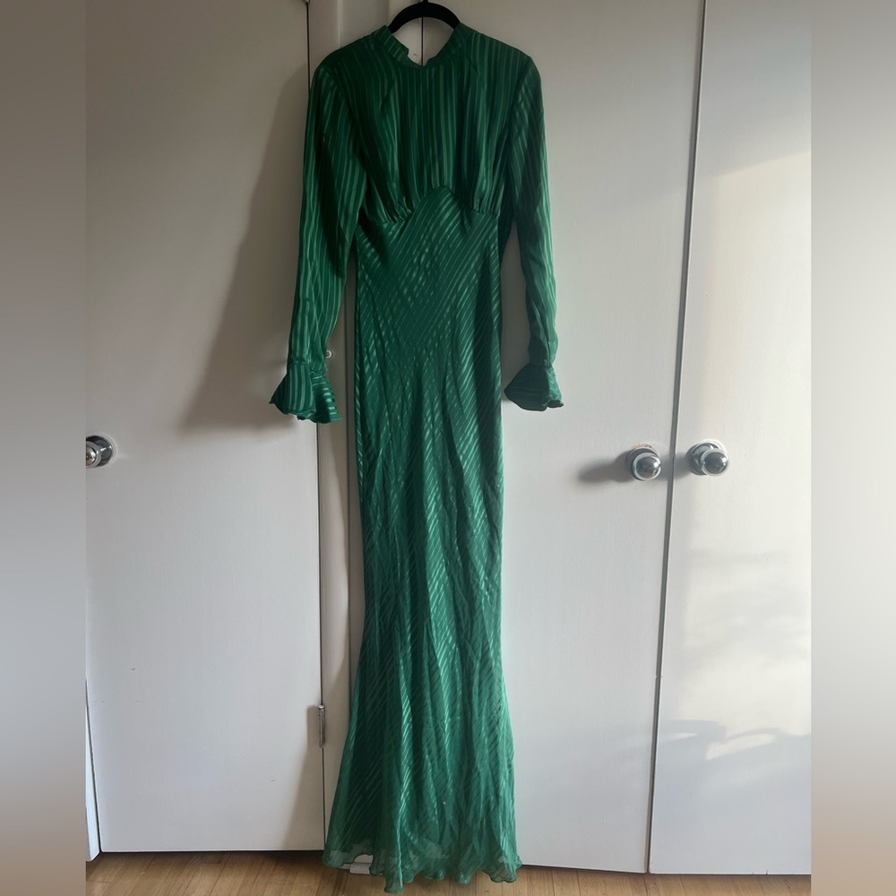 ASOS DESIGN high neck maxi dress with flared cuff in green satin stripe